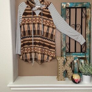 Tribal Print Hoodie with Striped Sleeves